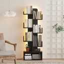 Qupui 6 Tier Book Shelf with LED Lights, Floor Standing Bookshelf, Classical Corner Kids Bookshelf, Tall Wood Book Storage for Bedroom, Living Room, Home Office