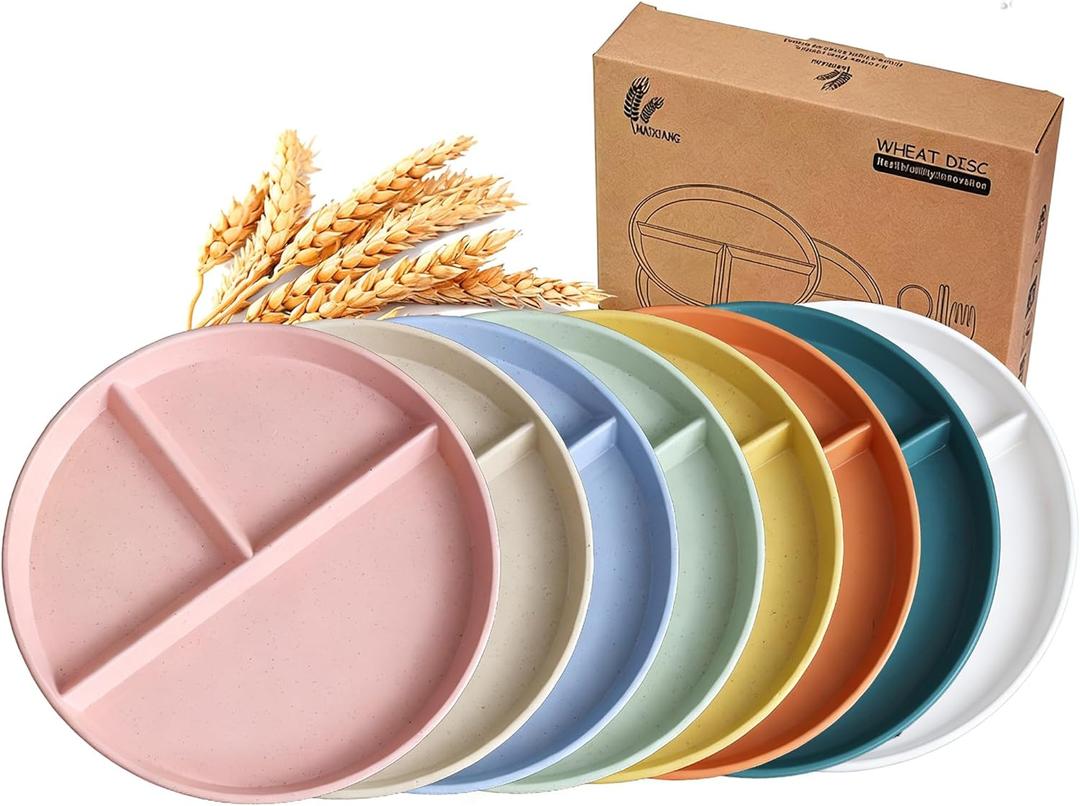 9-Inch Large Multicolor Wheat Straw Divided Plates  Unbreakable 3-Compartment Plates for Portion Control & Healthy Eating Microwave & Dishwasher Safe  Eco-Friendly & Reusable (8)