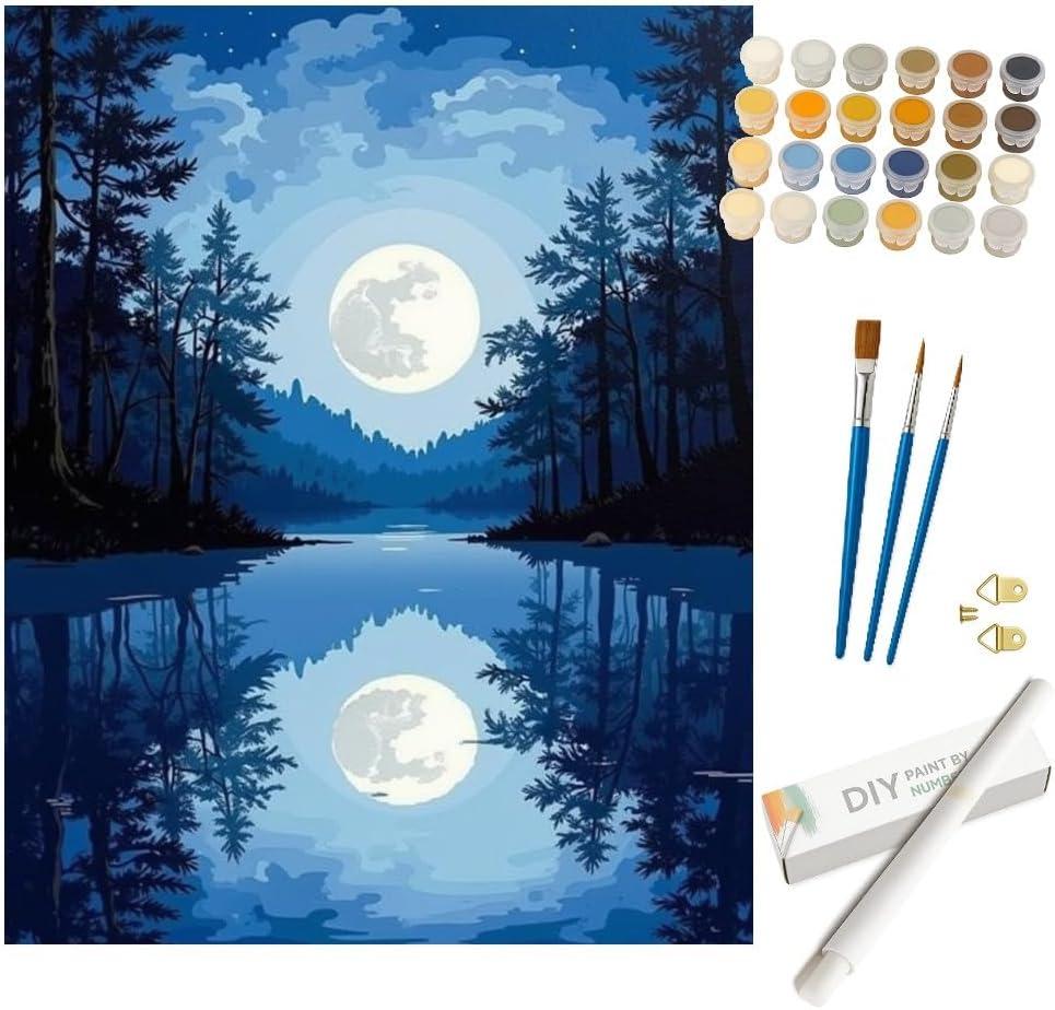 Nature Paint by Numbers Kit for Adults - DIY Full Moon Reflected on Lake Painting on Rolled Canvas 16x20 Inches, Acrylic Paint Set, Suitable for Beginners, Art for Home Decoration or Gifts