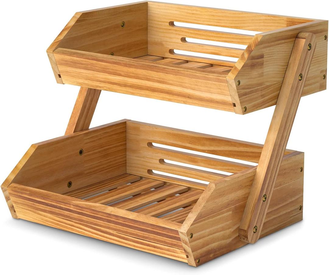 Merysen 2 Tier Wooden Fruit Basket For Kitchen, Bread Vegetable Fruit Basket Bowl Stand, Farmhouse Fruit Bowl for Countertop, Large