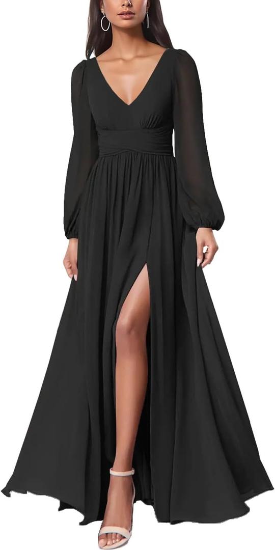 firfig Women Mesh Deep V Neck Open Back Sheer Long Sleeve Slit Leg Bridesmaid Maxi Dress Cocktail Party Wedding Guest Dresses (Large, Black)