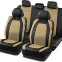 Road Comforts Car Seat Cover, Leather Full Set Car Seat Cover, Automotive Front Rear Seat Covers, Airbag Compatible Universal Fit for Most Cars (Beige)