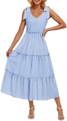 ZESICA Women's 2025 Summer Boho Casual V Neck Sleeveless Midi Dresses Tie Shoulder Flowy Tiered A Line Beach Long Sundress (Medium, Blue)