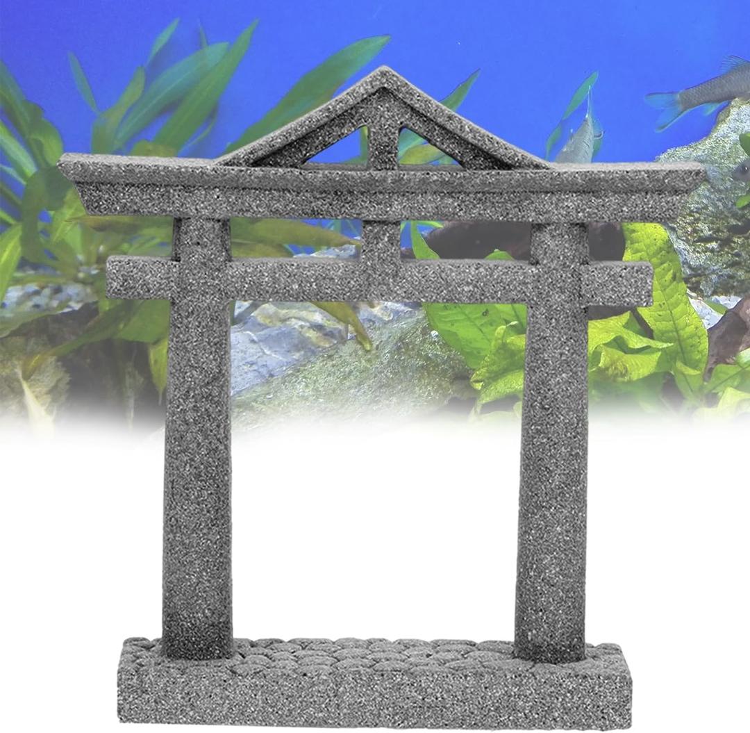 livelyfish Japanese Fish Tank Decorations Asian Aquarium Decor Torii Gate Ornament Japanese Shrine Oriental Pagoda Aquarium Sandstone Bridge Statues Betta Fish Decorations for Tank, L2