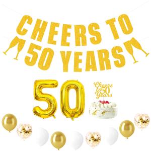 2 x 50th Anniversary Decorations Include Cheers to 50 Years Gold Glitter Banner,Cake Topper,Large 32" Foil Number Balloons,Latex Balloons,50th Birthday Party Decorations