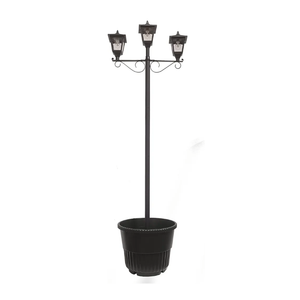 SOLARBASICS Outdoor Solar Lamp Post, Triple Head LED Lanterns, Planter Base, Black Sun-Powered Light, SB14M0053