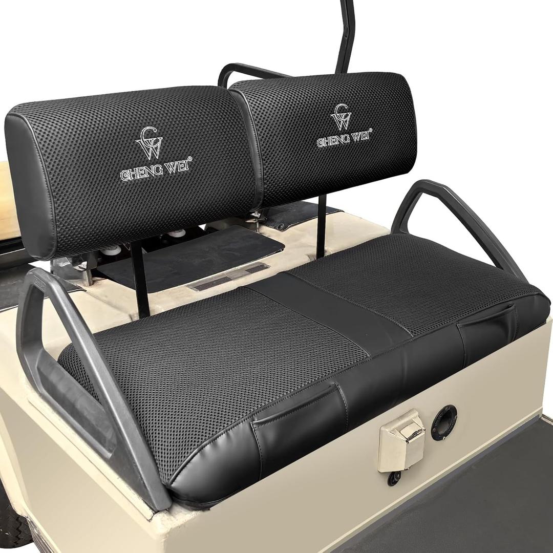 Golf Cart Seat Covers with Pockets for Club Car DS Pre-2000 Front Standard Seat Cushion,Cooling Mesh Fabric and Vinyl Leather Club Car Seat Covers,No Stapler Needed Replacement Front Seat Cover(Black)