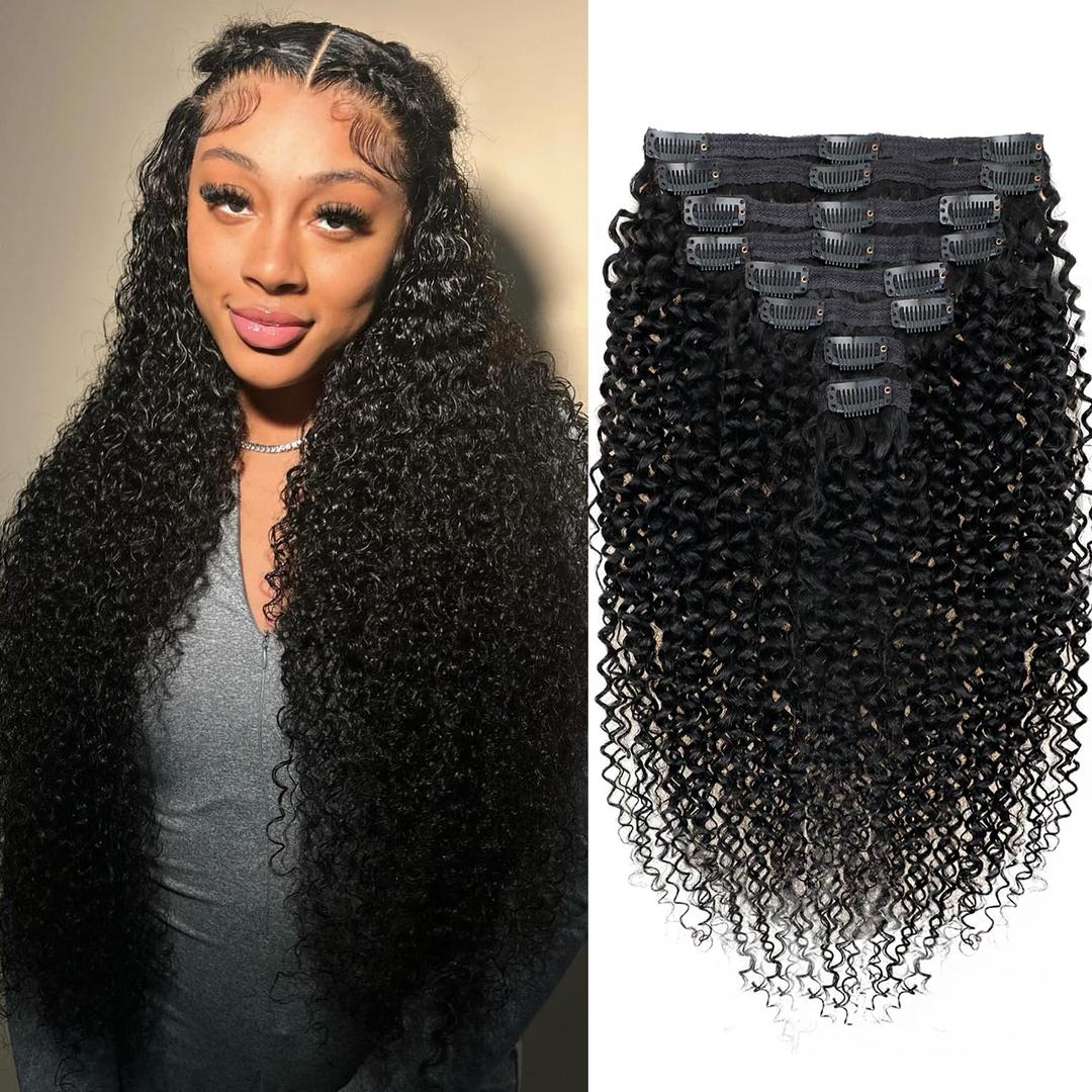 Kinky Curly Clip in Hair Extensions Real Human hair For Women Brazilian Virgin 3c 4a Curly Clip ins Human Hair Extensions (26inch,#1B) (Curly-Natural Black)