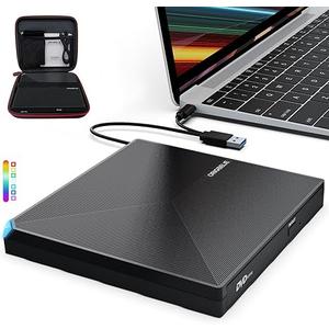 External CD DVD +/-RW Drive USB 3.0 USB C Portable CD/DVD Player Burner Reader Writer Optical CD ROM Disk Drive for Laptop Desktop PC Mac MacBook Pro/Air Windows Linux OS with Carrying Case