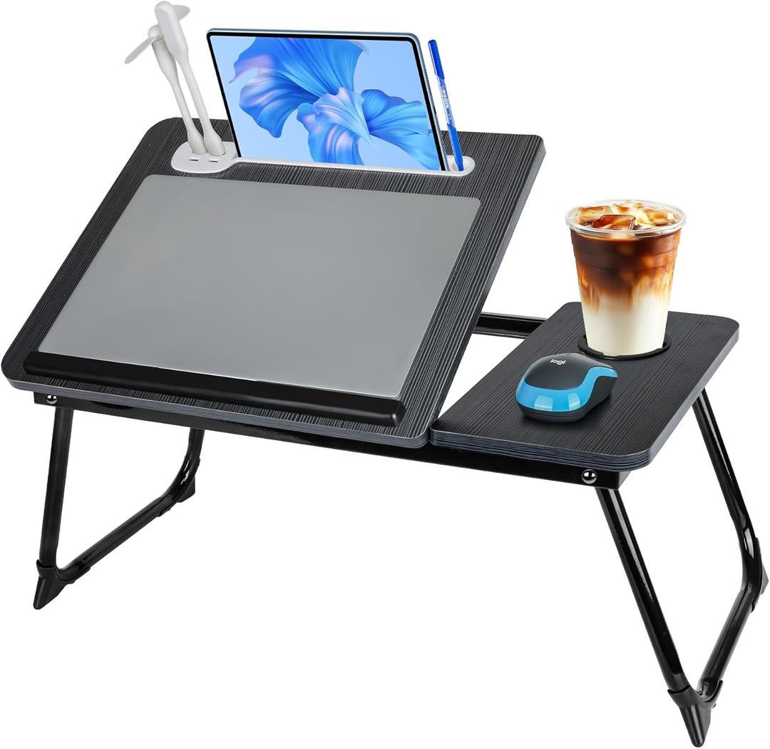 Laptop Bed Desk, Adjustable Lap Desk, Small Laptop Table with USB Charge Port, Desktop Card &Pen Slot, Cup Holder, Foldable Bed Tray Table for Couch Sofa Chair Floor Eating Working