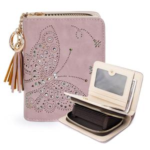 KITEVIUN Women RFID Blocking Small Bifold Wallet, Compact Cash Clutch with Zipper Coin Pocket, Glittery Butterfly Design, Credit Card Holder, Travel Purse with Tassel PURPLE