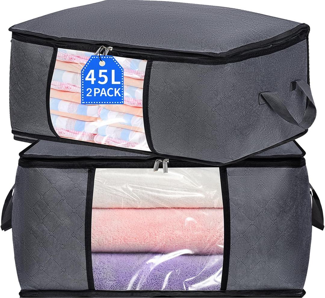 BiCINE 2 Pack Clothes Organizer Storage Bags with Zipper, 45L Foldable Blanket Storage Box with Clear Window Sturdy Handles for Closet, Dorm, Pillows, Bedding, Sweater, Clothing, Gray