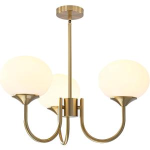 BOKT Mid Century Modern Globe Sputnik Chandelier Vintage 3 Light Milk Glass Pendant Light Large White and Gold Ball Chandelier Light Brushed Brass Sputnik Hanging Light Fixture for Bedroom