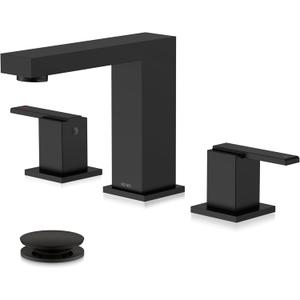KENES Black Widespread Bathroom Faucet 3 Hole Bathroom Sink Faucet Matte Black Two Handle, 8-Inch 3 Pieces Bathroom Vanity Faucet with Pop Up Drain & Supply Lines, KE-9050-2-P