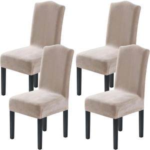 H.VERSAILTEX Velvet Dining Chair Covers Stretch Chair Covers for Dining Room Set of 4 Parson Chair Slipcovers Chair Protectors Covers Dining, Soft Thick Solid Velvet Fabric Washable, Oatmeal