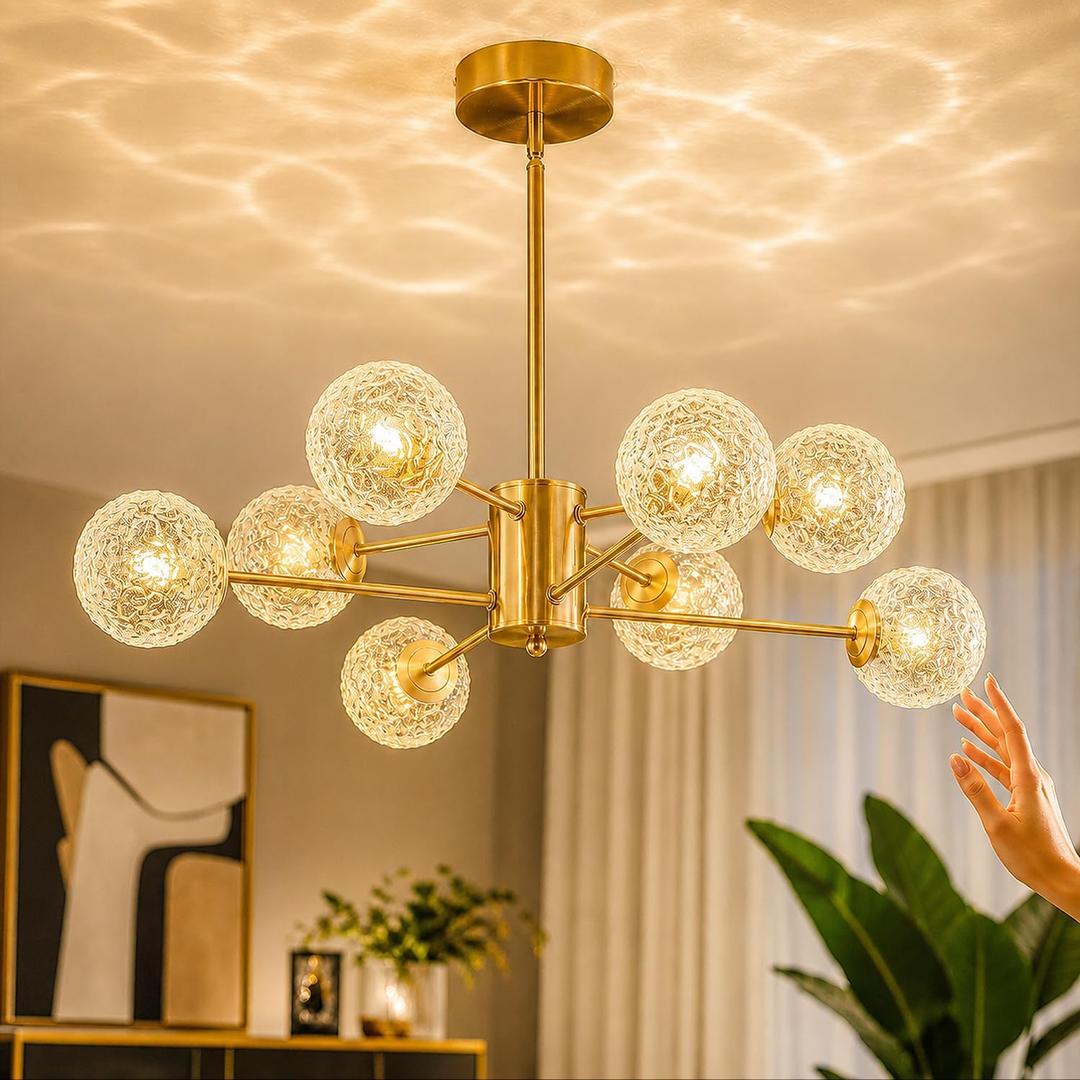 Mid Century 8-Light Chandelier,Modern Glass chandliers for Dining Room,Gold Sputnik Chandelier Pendant Light fixtures for Living Room,Kitchen Island,Bedroom