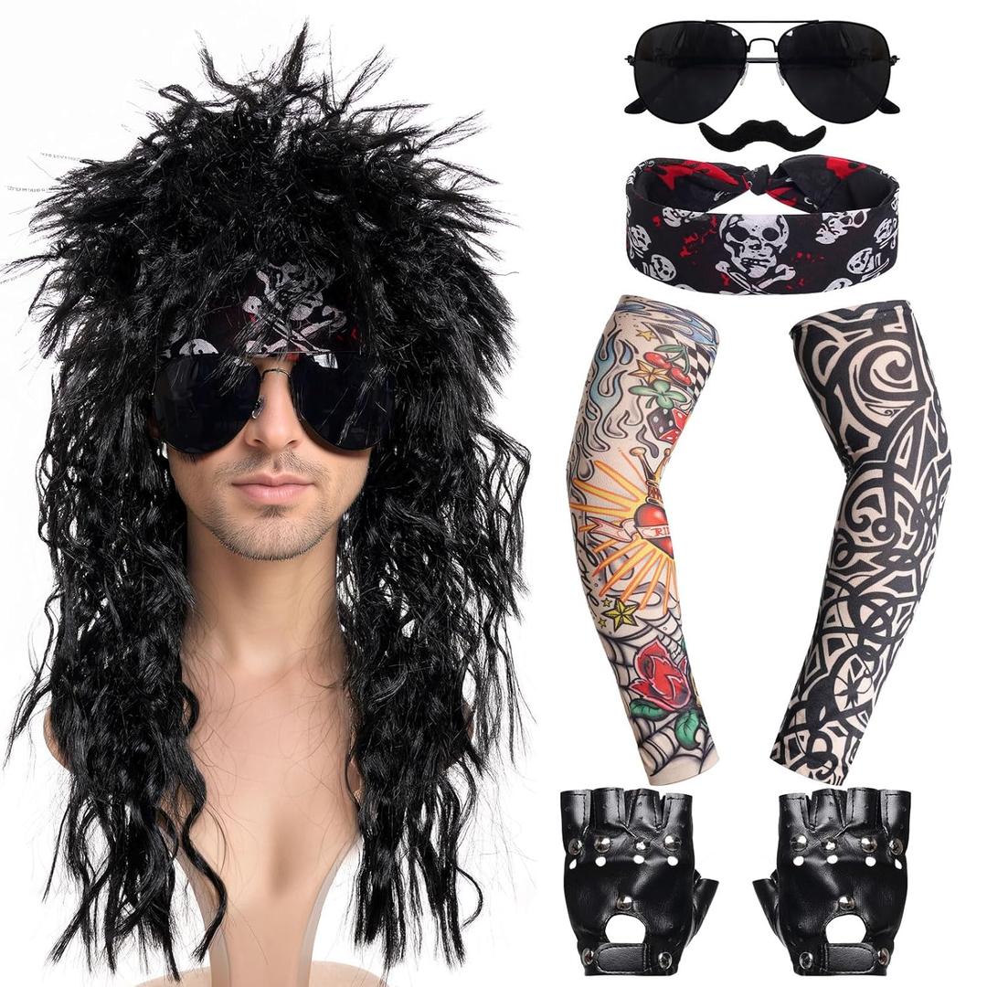 Rocker Costume for Men Punk Accessories Costume Including Disco Wig Headband Sunglasses Tattoo Sleeve Gloves for 70s 80s 90s Punk Rock Party