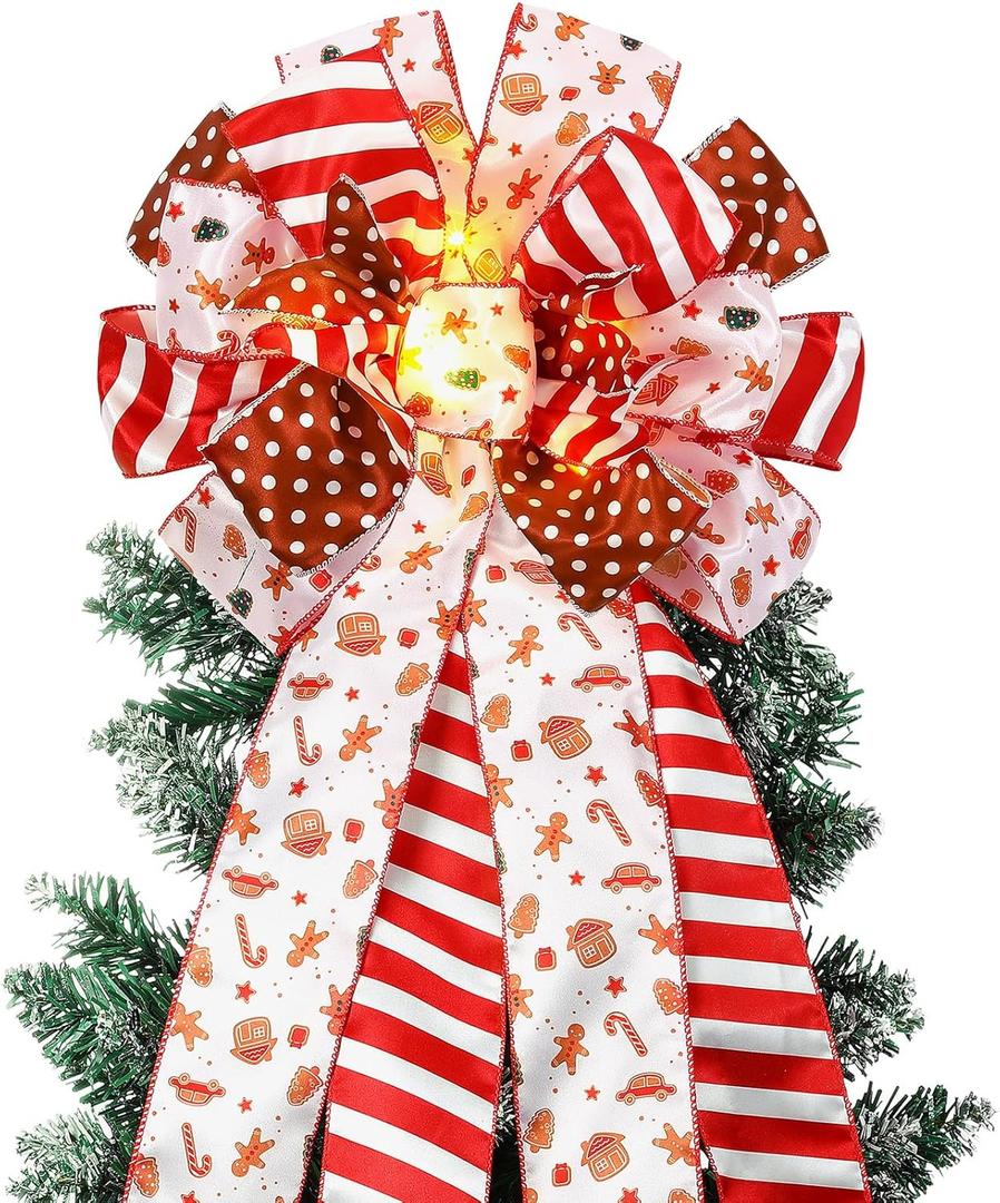 Thiccywoov Christmas Tree Topper 12 x 45'' Large Christmas Bows with Glitter Large Gingerbread Man Toppers Decorative Gift Bows for Wreaths Thanksgiving Xmas Tree Ornament
