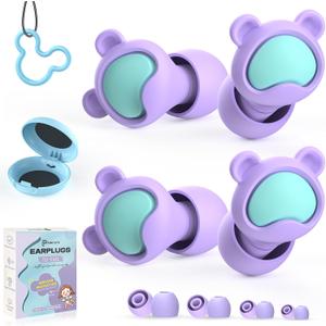 Kids Ear Plugs 2 Pairs(6-12 yrs), Reusable Noise Cancelling Earplugs, Silicone Noise Sensitivity Ear Plugs for Children/Small Ears, Ear Protection for Concerts/Flying/School/Playtime(Purple+Purple)