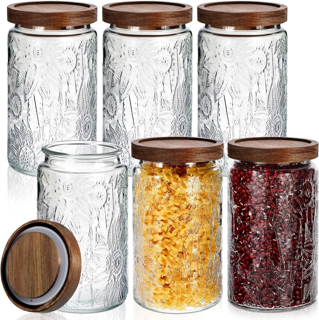 Domensi 6 Pcs Vintage Glass Jars 34 oz Glass Storage Jars with Lids Sunflower Pattern Airtight Storage Containers for Kitchen Counter, Pantry, Coffee Bean, Grains, Tea, Sugar, Flour, Candy, Oats