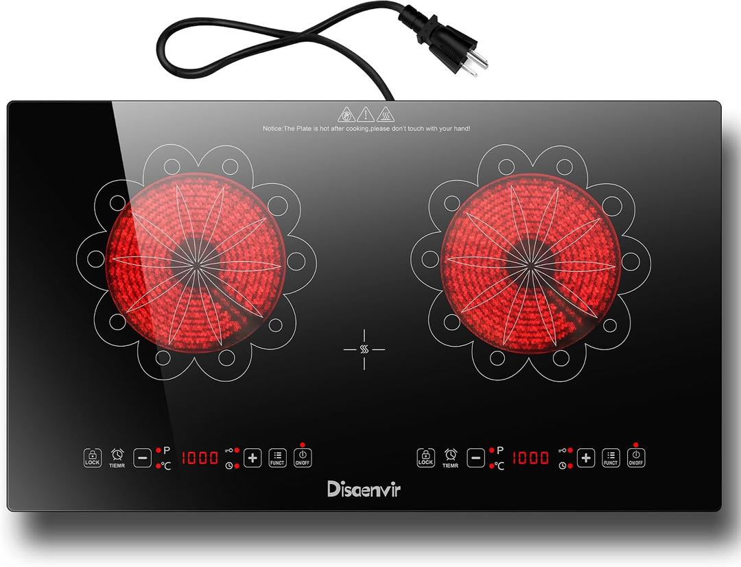 2 Burner Electric Cooktop - 24 Inch Electric Stove Built-in(23"x13") and Countertop(24"x14"), Two Burner Ceramic Cook Top with Child Lock, Timer, Sensor Touch Control, 110V Plug in