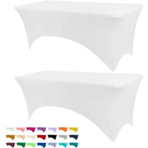 Table Covers for 6 Foot Tables, 2 Pack White Washable and Wrinkle Resistant Stretch Tablecloths Rectangle 6ft for Events, Wedding, Banquets, Parties