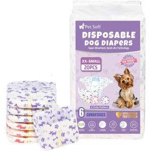 Pet Soft Female Dog Diapers - Disposable Doggie Diapers with Wetness Indicator, Puppy & Cat Diapers Super Absorbent, Fit for Female Dog in Heat or Incontinence, 20pcs (XXS, Mixed) (XX-Small)