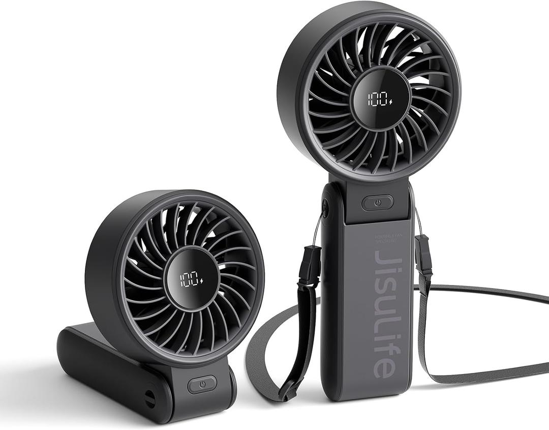 JISULIFE Handheld Fan Life7 Ultimate Flexibility: Wide & Strong Airflow, 19.5H Max Cooling, 5000mAh Rechargeable, 5-Speed, LED Display, 3 IN 1 Portable Fan for Travel, Concerts, Sports Events(Black)