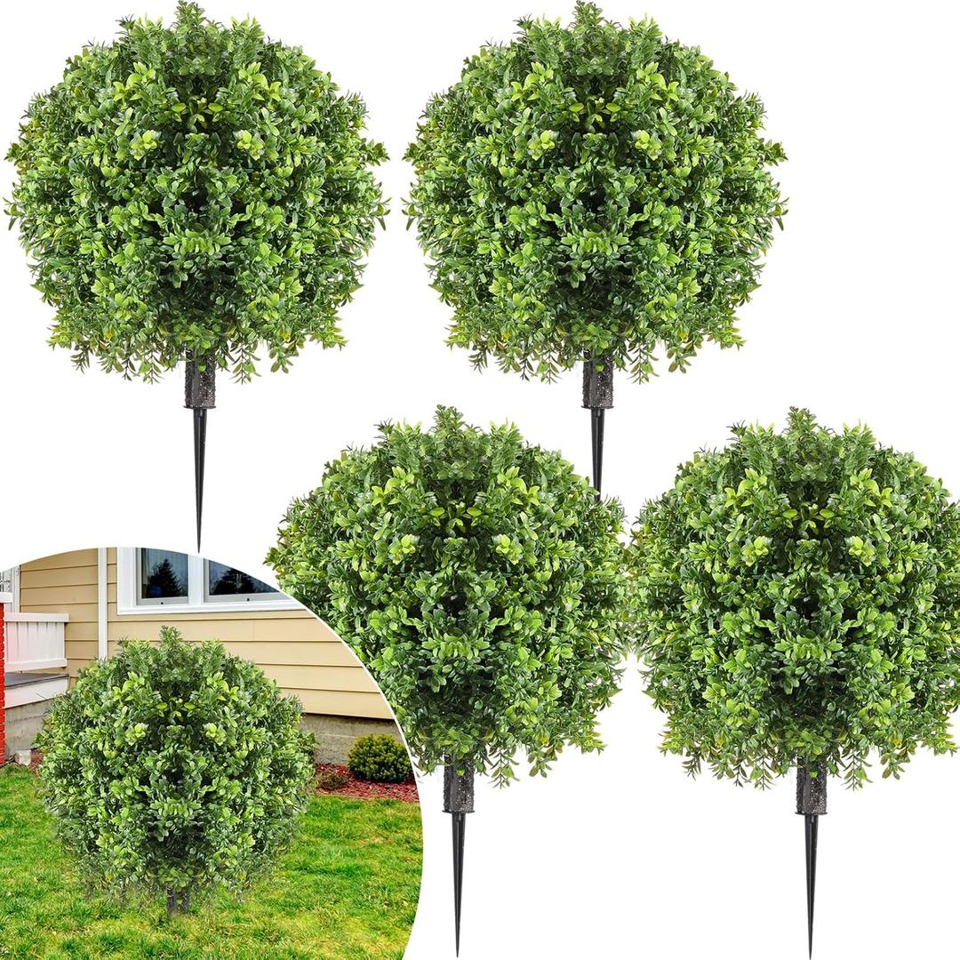 4 Pcs Artificial Boxwood Topiary Ball Bush 26" Tree UV Resistant with Spike Easy to Push in The Ground Fake Boxwood Plants Faux Greenery Shrubs for Indoor Outdoor Home Garden (Light Green)
