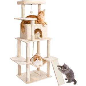 ABCPET Cat Tree Tower 63in Multi-Level Cat Tower for Indoor Cats with Sisal Scratching Posts, Condo, Hammock, Dangling Ball and Extended Platform for Cats to Play, Beige