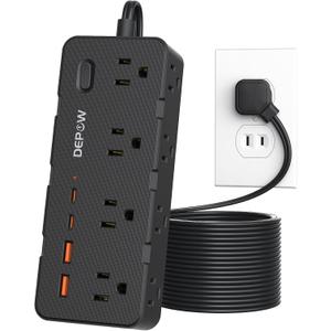 DEPOW 2 Prong Power Strip, 10 FT Extension Cord, 2 to 3 Prong Outlet Adapter with 8 AC & 4 USB Ports (2 USB C), 1700J Two Prong Surge Protector, Wall Mountable, Ideal for Old House (Black)