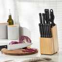Amazon Basics 14-Piece High Carbon Stainless Steel Kitchen Knife Set with Full Tang Construction, Ergonomic Handles, Sharpener and Pinewood Block, Black