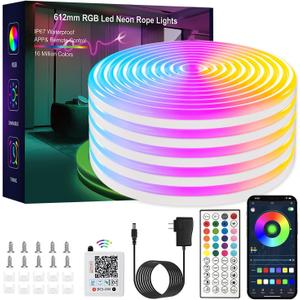 LED neon Lights,50FT RGB Neon Rope Lights,with Remote Control/APP Control,Music Sync,Timer Function,IP67 Waterproof Flexible Neon Strip Lights,for Bedroom Gaming Outdoors Decor