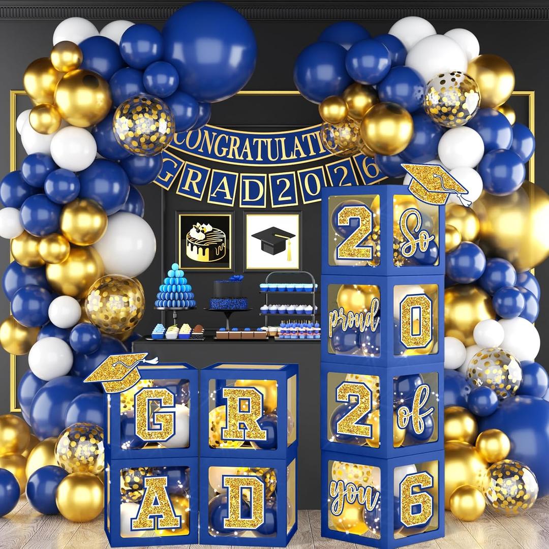 Graduation Decorations Class of 2026,Blue and Gold Graduation Decorations Class of 2026,Blue Balloon Arch Grad Boxes with Letters 2026 So Proud of You Grad 2026 for College Graduation Party Supplies, 5 inches x 12 inches x 18 inches