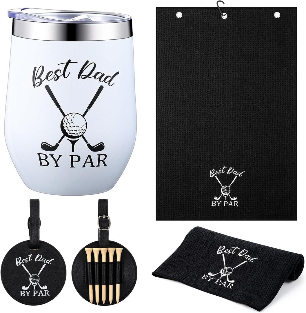 2 x 3 Pcs Golf Gifts for Dad Men Husband Best Dad by Par Accessories Set Kit Include 12 oz Tumbler Tee Holder with Wood Golf Tee and Black Towel for Thanksgiving Day Christmas Birthday Gifts