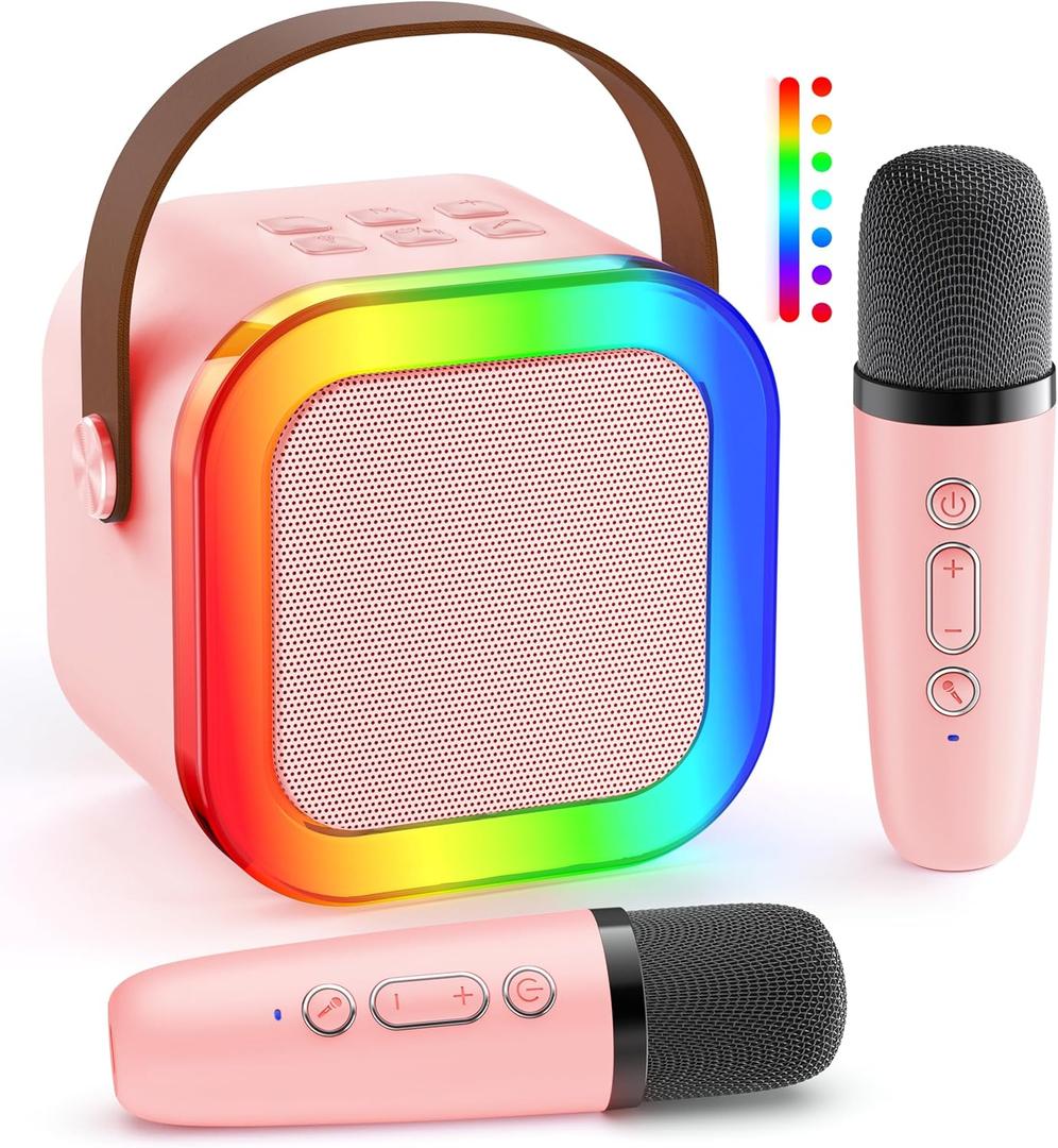 Mini Karaoke Machine: Portable Bluetooth Karaoke Speaker with 2 Wireless Microphones for Family Home Party -Singing Speaker System - Stage-subwoofers (Pink)