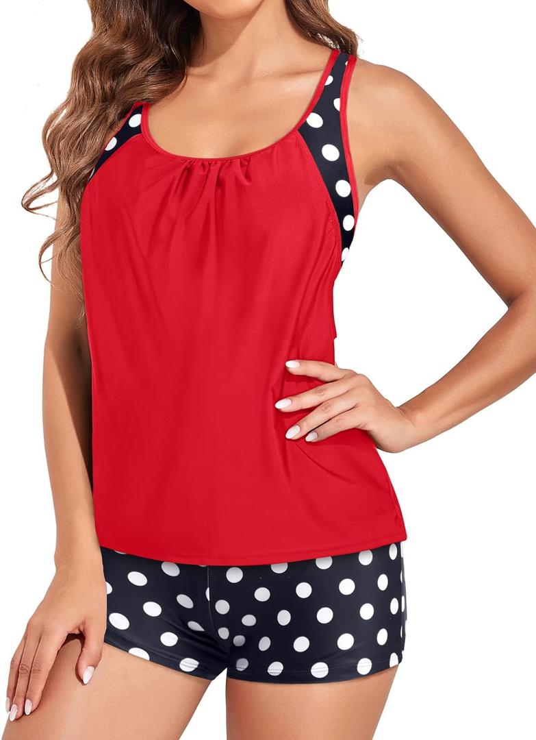 Tempt Me Women Tankini Swimsuits with Shorts - Two Piece Tummy Control Bathing Suit Racerback Sporty Swimwear 2025 (X-Large, Red Dot)