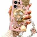 For Samsung Galaxy S24 Ultra Case for Women Girls for Magsafe,S24 Ultra Case Cute Bling Diamond Sunflower Kickstand,Glitter Girly Bead Phone Strap Phone Case for Samsung S24 Ultra Pink
