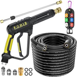 POHIR Pressure Washer Gun and 50FT Hose Kit, 3600 PSI Power Washer Gun Comes With 15in Extension Wand Parts 7 Nozzle Tips Quick Connect Set For Home Cleaning and Car Washing (Mate Black)