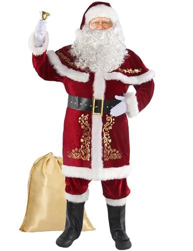 Boveco Christmas Santa Claus Costume for Men Adult 12pcs Santa Suit Deluxe Professional Velvet Outfit for Xmas Holiday Party Cosplay 2XL