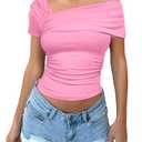 Women's Off The Shoulder Crop Top Asymmetrical Tshirt Pink S (Pink, S)