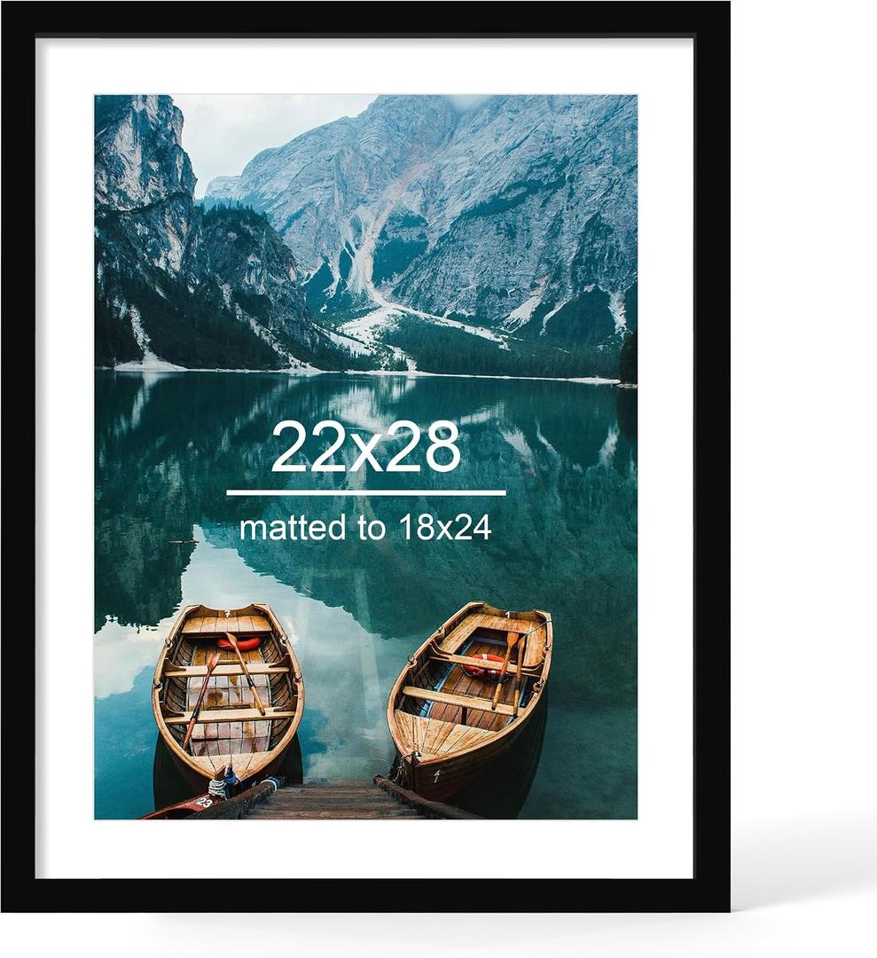 Hongkee 22x28 Frame, Black Wood Style - Display Posters 18 x 24 with Mat or 22x28 without Mat, Wall Mounting Horizontal and Vertical, 1 Pack