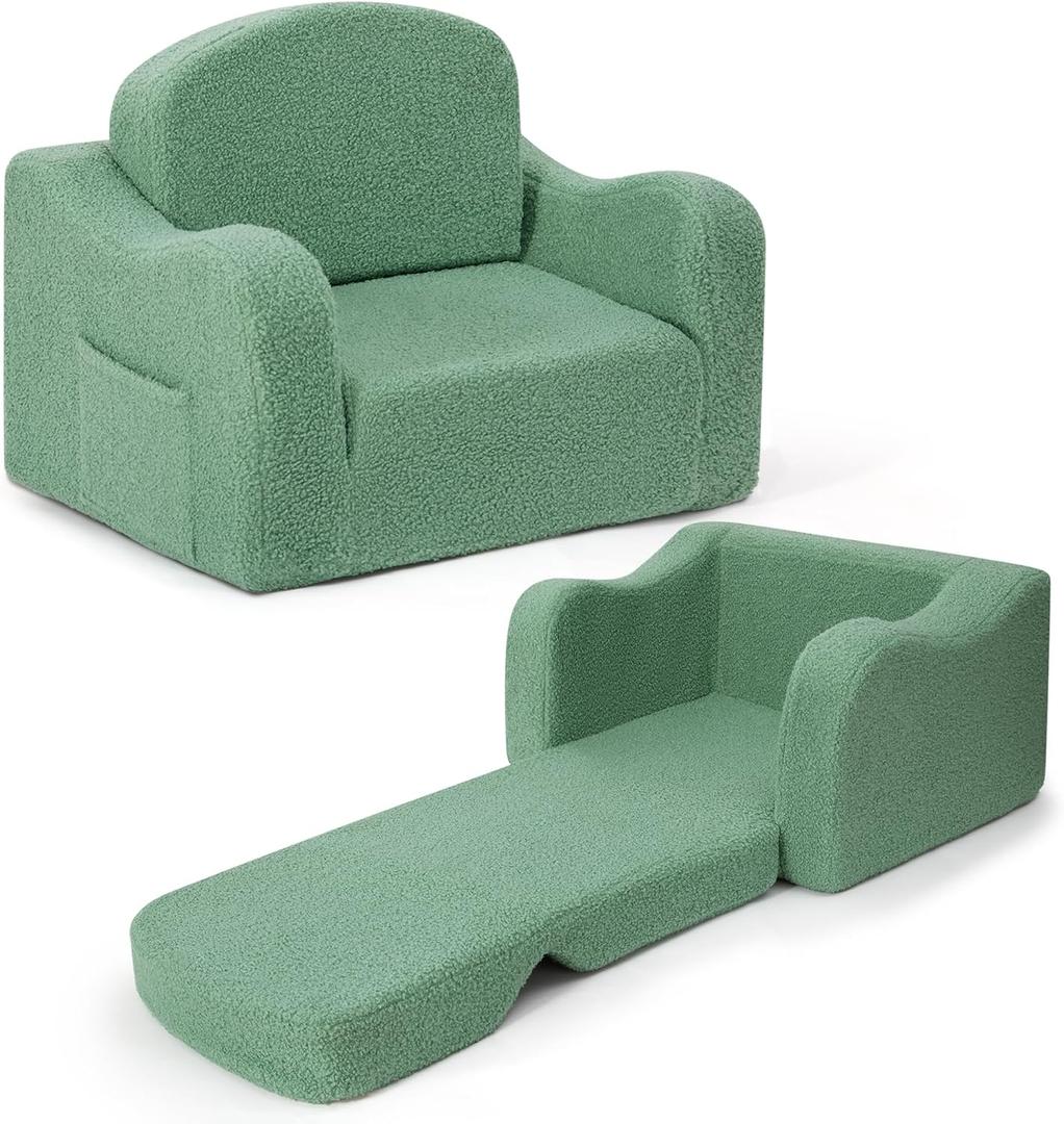 Airpanda Comfy Toddler Chair & Kids, 2-in-1 Soft Couch Fold Out for Kids, Toddler Chairs Comfy 1-3 Years Old, Convertible Plush Sofa to Lounger for Girls and Boys, Green