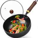 Carbon Steel Wok, 9.5" Bi-Thickness Authentic Chinese Woks & Stir-Fry Pans, Saute Pan with Lid, Deep Fry Pan Flat Bottom Small Wok for 1-2 Servings