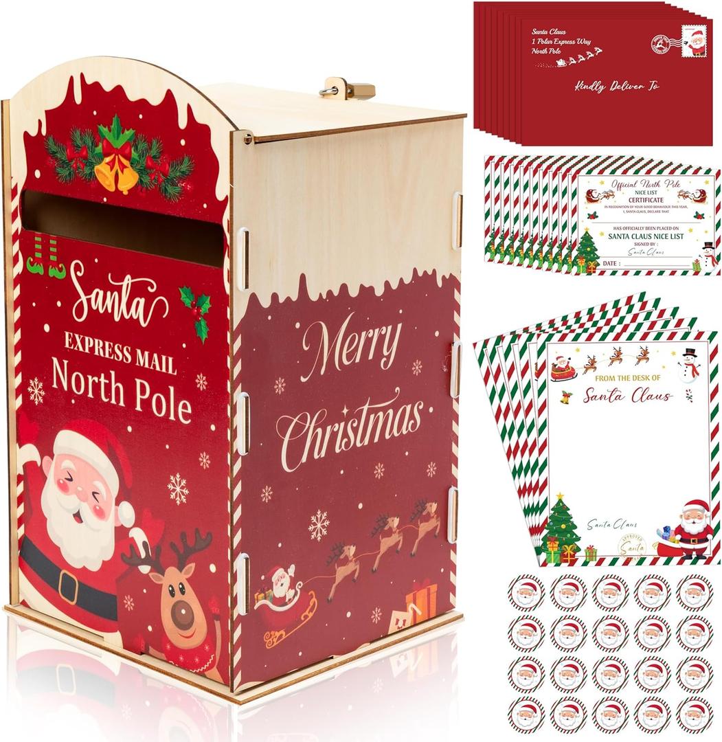 EYxsaxenk Letter to Santa Mailbox - DIY Wood North Pole Christmas Delivery Mailbox Craft Kit with Santa Letter Nice List Certificate Envelope Sticker for Xmas Indoor Outdoor Home Classroom Porch Decor