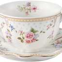 6 oz Vintage flower Ceramic cup and 6" saucer set with Brand customized stainless steel spoon Gifts for Afternoon Tea Coffee Hour(C)