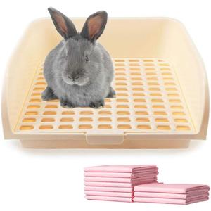 Amakunft 17"x13" Extra Large Rabbit Litter Box with 10PCS Pee Pads, High Sided Plastic Bunny Rat Ferret Litter Box with Removable Grid, Indoor Guinea Pig Jumbo Corner Litter Pan for Small Animal Cage