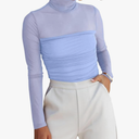 REORIA Women’s Trendy Sexy Mock Turtle Neck Long Sleeve Sheer Mesh Ruched Going Out Bodysuits Tops, Size L