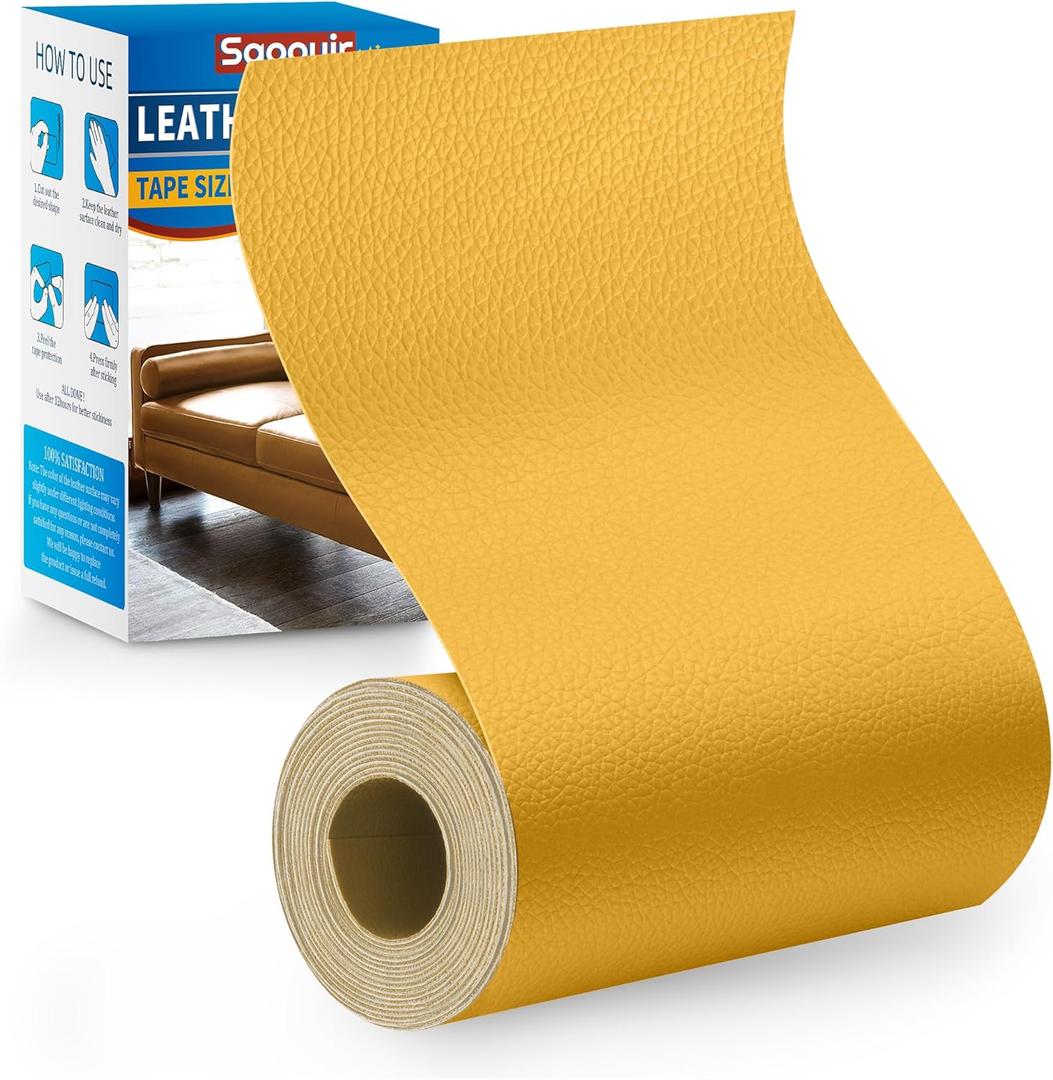 Sgooyir Leather Repair Patch Tape Kit, 4" x 63" Self Adhesive Leather Repair Patch for Furniture, Vinyl Leather Repair Kit for Car Seat, Chairs, Couch, Sofa, Boat Yellow