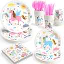 144Pcs Unicorn Birthday Party Supplies Decorations Kids Girl Themed Paper Plates Napkins Vintage Party Tableware Disposable Dinnerware for Girl Kid Birthday Baby Shower Table Decor, Serve 24